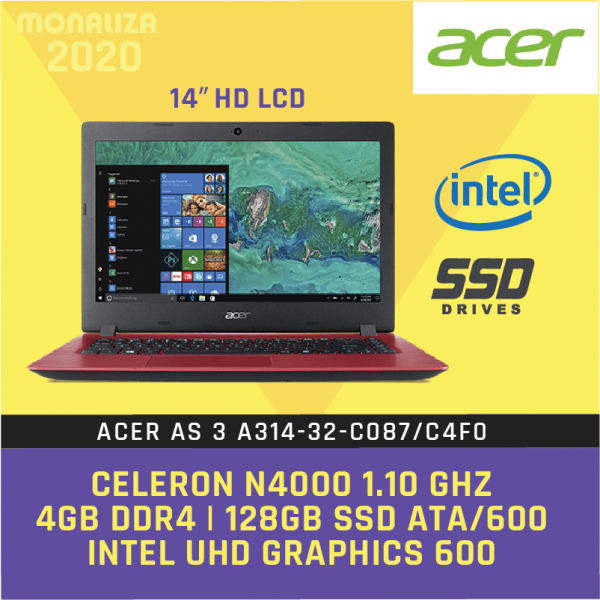 Acer Laptop As 3 A314-32-C087/C4F0 Obsidin Black/Oxidant Red (Intel Celeron dual-core processor/ Intel UHD Graphics 600)