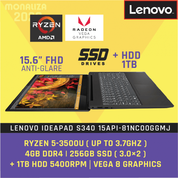 Notebook LENOVO IDEAPAD S340 15API-81NC00GGMJ ABYSS BLUE (AMD Ryzen 5 3500U/256GB SSD M.2 2242 PCIe NVMe 3.0x2 + 1TB HDD 5400rpm)