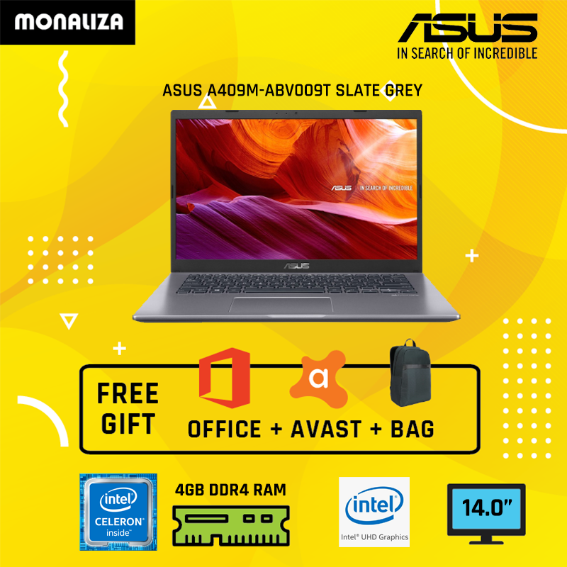 Asus Laptop A409m Abv009t Slate Grey Intel Celeron N40004gb Ram500gb Hdd Monaliza