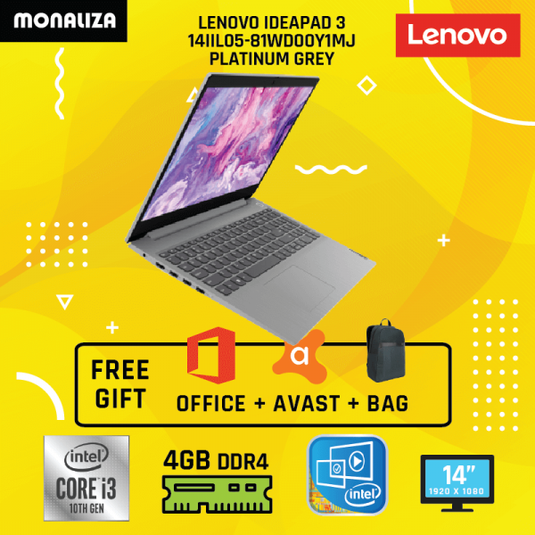 Lenovo Laptop Ideapad 3 14IIL05-81WD00JSMJ/JTMJ/JXMJ (Abyss Blue/Cherry Red/Platinum Grey) - Intel Core i3-1005G1 Processor/Integrated Intel UHD Graphics