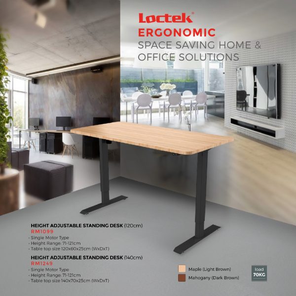 Loctek Single Motor Height Adjustable Standing Desk Frame With 120CM Table Top (Maple)