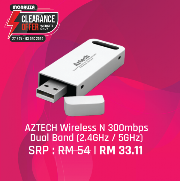 Aztech Wireless N 300mbps Dual Band (2.4GHz / 5GHz) USB Adapter