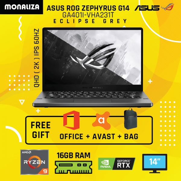 Asus Laptop Gaming ROG Zephyrus GA401I-VHA231T Eclipse Grey (AMD Ryzen 9 4900HS Processor/NVIDIA GeForce RTX2060 MAX-Q 6GB GDDR6)