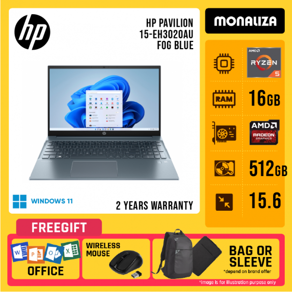 HP Pavilion 15-EH3020AU 15.6" FHD Laptop Fog Blue ( Ryzen 5 7530U, 16GB, 512GB, W11, HS )