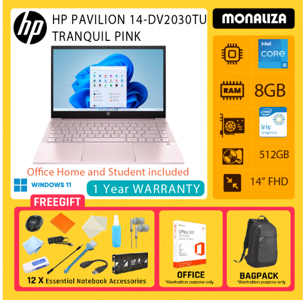 HP Pavilion 14-Dv2030TU 14" FHD Laptop Tranquil Pink ( I5-1235U, 8GB, 512GB SSD, Intel, W11, HS )