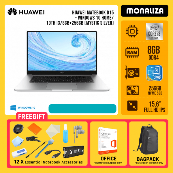 HUAWEI MateBook D15 - Windows 10 Home/10th i3/8GB+256GB (Mystic Silver)