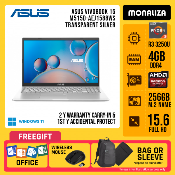 Asus Vivobook 15 M515D-AEJ1588WS Transparent Silver ( Ryzen 3 3250U, 4GB, 256GB SSD, AMD Radeon Graphics, W11, HS )
