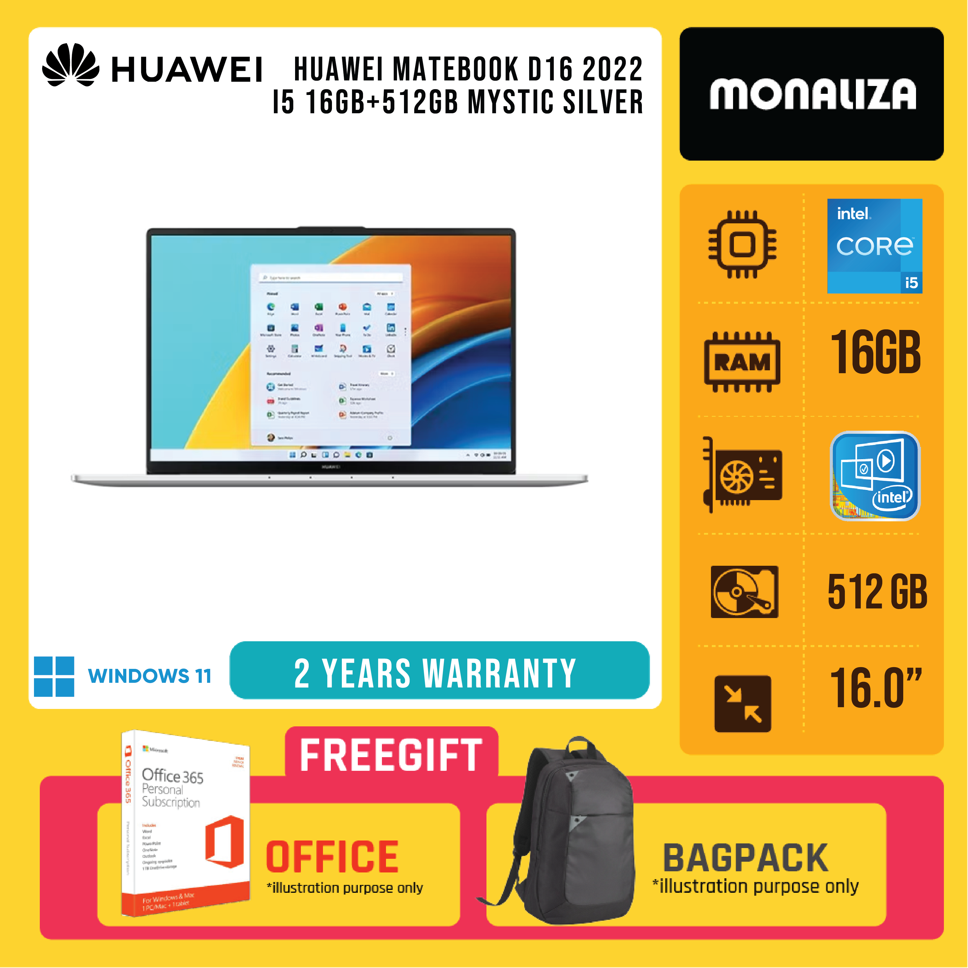 Huawei Matebook D16 2022 I5 16GB+512GB Mystic Silver