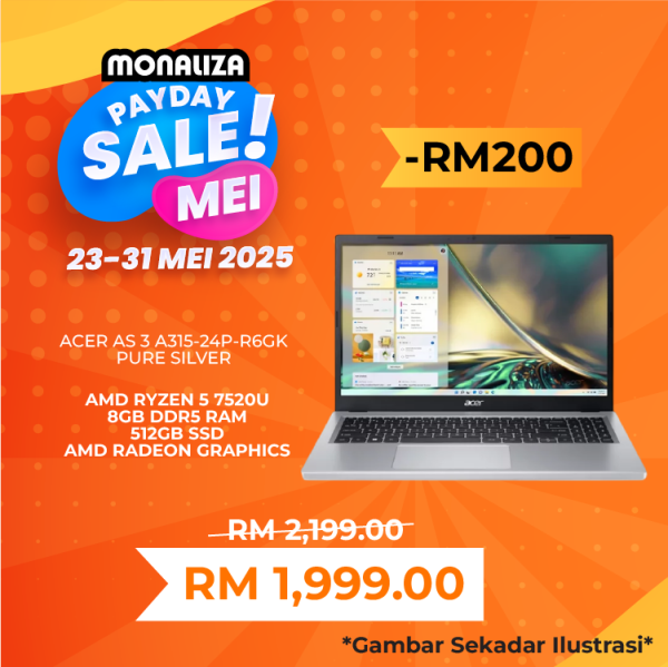 Acer Aspire 3 A315-24P-R6GK Pure Silver (Ryzen 5 7520U, 8GB RAM, 512GB SSD, 15.6'' FHD, W11)