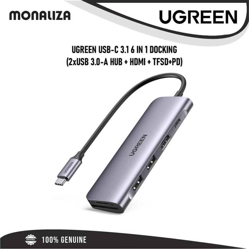 Ugreen USB-C 6IN1 Docking 2xUSB Hub HDMI TF/SD+PD