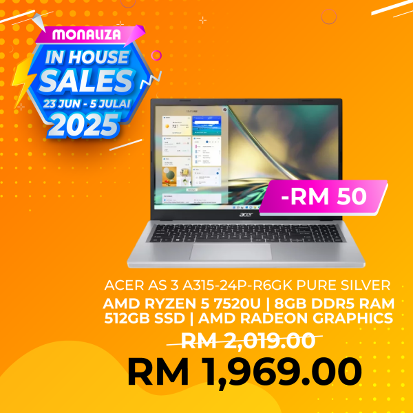 Acer Aspire 3 A315-24P-R6GK Pure Silver (Ryzen 5 7520U, 8GB RAM, 512GB SSD, 15.6'' FHD, W11)