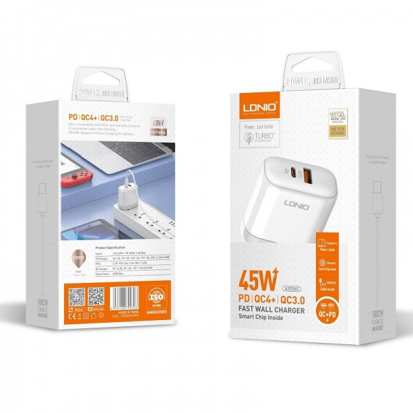 LDNIO A2526C 45W PD QC4+ QC3.0 Fast Wall Charger With 100CM USB-C TO USB-C Cable - Image 2