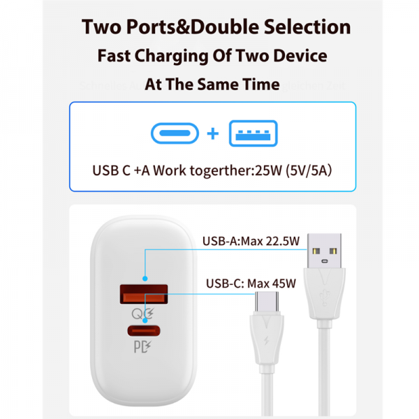 LDNIO A2526C 45W PD QC4+ QC3.0 Fast Wall Charger With 100CM USB-C TO USB-C Cable - Image 3