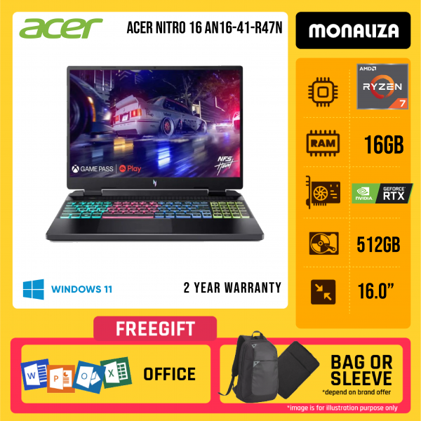ACER NITRO 16 AN16-41-R47N ( Ryzen 7 7840HS, 16GB, 512GB SSD, RTX4050 6GB, W11 )