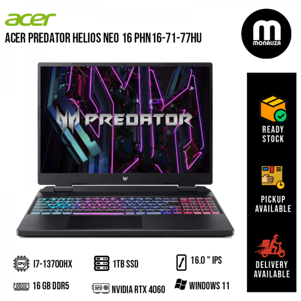 Acer Predator Helios Neo 16 PHN16-71-77HU 16" WQXGA 165Hz Gaming Laptop ( I7-13700HX, 16GB, 1TB SSD, RTX4060 8GB, W11 )