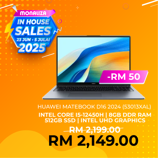Huawei Matebook D16 2024 Mystic Silver (53013XAL) INTEL CORE I5 12450H, 8GB RAM, 512GB SSD, Intel UHD, 16", WIN11)