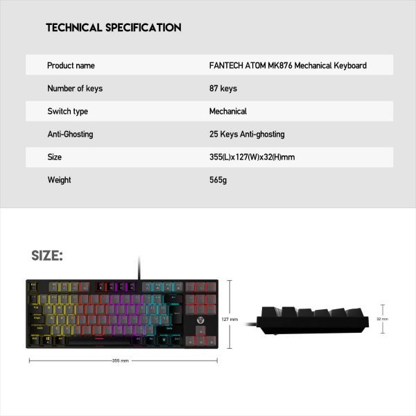 Fantech Atom MK876 TKL Mechanical Gaming Keyboard Gray- Blue Switch - Image 9