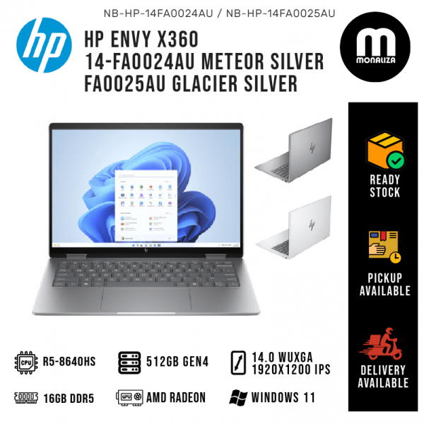 HP ENVY X360 14-FA0024AU Meteor Silver / FA0025AU Glacier Silver Touch 2-In-1 Laptop ( Ryzen 5 8640HS, 16GB, 512GB SSD, W11, HS )