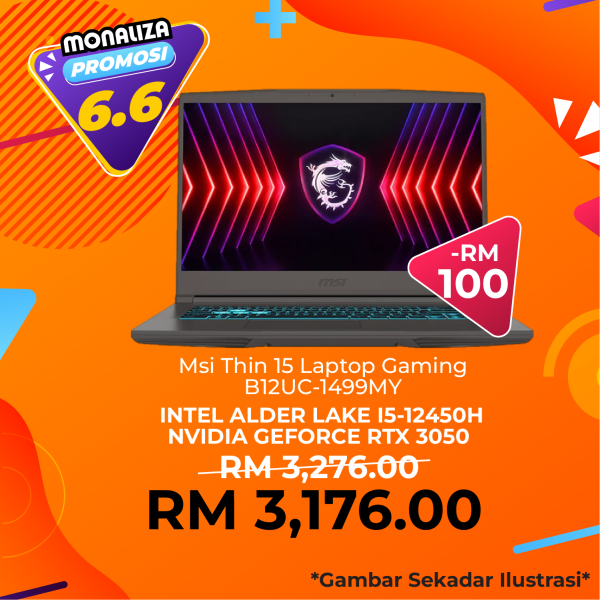 Msi Thin 15 Laptop Gaming (B12UC-1499MY) INTEL ALDER LAKE I5-12450H NVIDIA GEFORCE RTX 3050