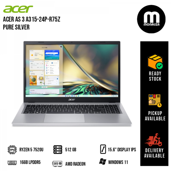 Acer Aspire 3 A315-24P-R75Z 15.6'' FHD Laptop Pure Silver ( Ryzen 5 7520U, 16GB, 512GB SSD,W11, HS )