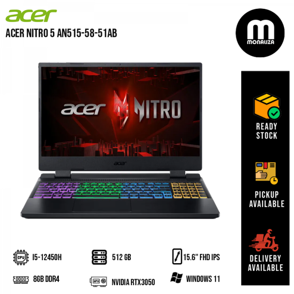 Acer Nitro 5 AN515-58-51AB 15.6" FHD 144Hz Gaming Laptop ( I5-12450H, 8GB, 512GB SSD, RTX3050 4GB, W11 )