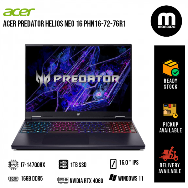 Acer Predator Helios Neo 16 PHN16-72-76R1 16" WQXGA 165Hz Gaming Laptop ( I7-14700HX, 16GB, 1TB SSD, RTX4060 8GB, W11 )