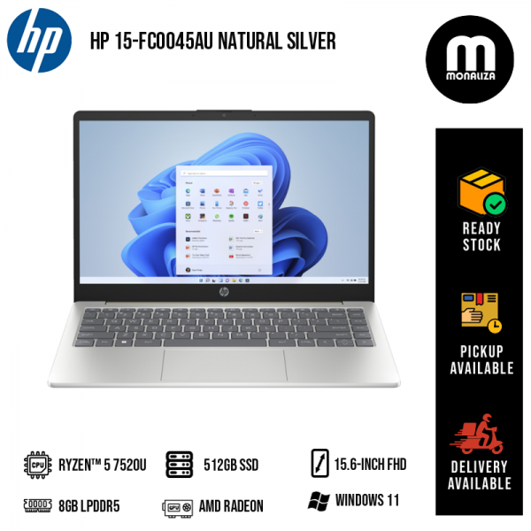 HP 15-Fc0045AU 15.6" FHD Laptop Natural Silver ( Ryzen 5 7520U, 8GB, 512GB SSD, ATI, W11, HS )