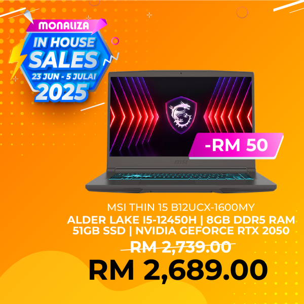 MSI THIN 15 B12UCX-1600MY (i5-12450H, 8GB RAM, 512GB SSD, RTX2050, 15.6'' FHD, W11)