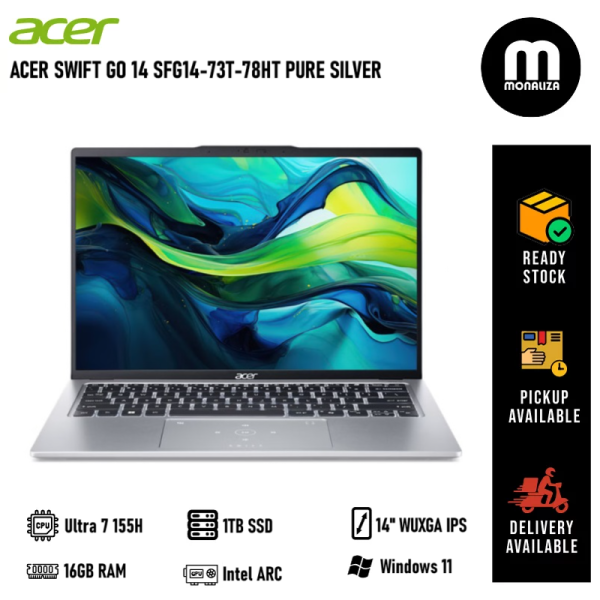 Acer Swift GO 14 SFG14-73T-78HT 14" WUXGA Touch Screen Laptop Pure Silver ( CU7-155H, 16GB, 1TB, Intel Arc, W11, HS )