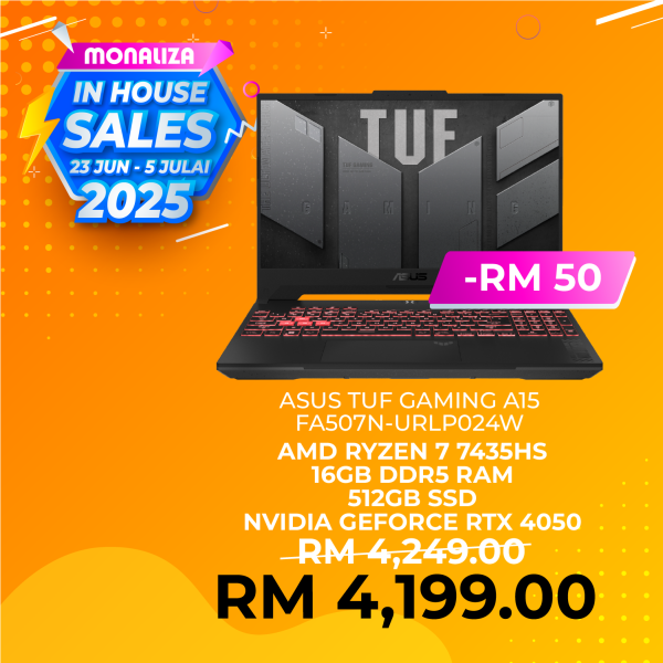 Asus TUF Gaming A15 FA507N-URLP024W (Ryzen 7 7435HS, 16GB RAM, 512GB SSD, RTX4050, 15.6" FHD, W11)