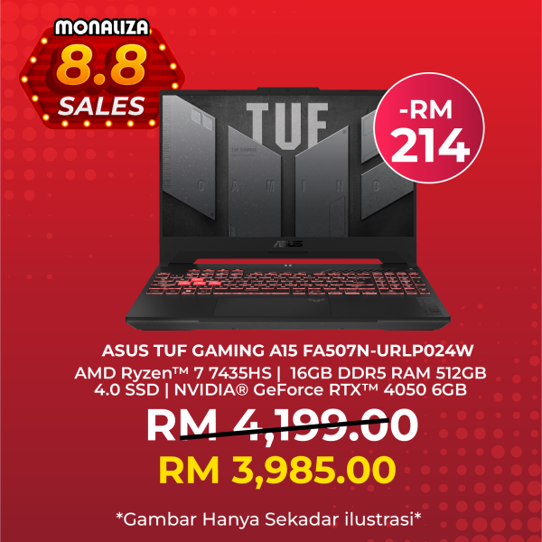 Asus TUF Gaming A15 FA507N-URLP024W (Ryzen 7 7435HS, 16GB RAM, 512GB SSD, RTX4050, 15.6" FHD, W11)