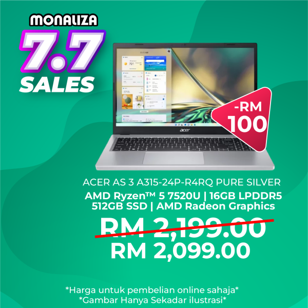 Acer Aspire 3 A315-24P-R4RQ Pure Silver (Ryzen 5 7520U, 16GB RAM, 512GB SSD, AMD Radeon, 15.6" FHD IPS, W11)