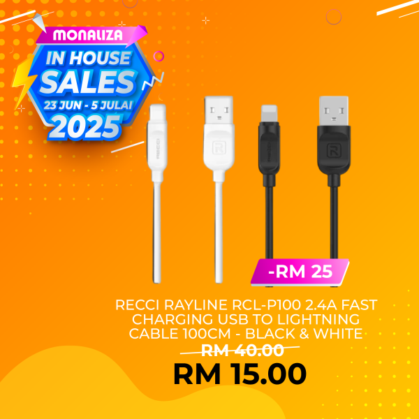 Recci Rayline RCL-P100 2.4A Fast Charging USB To Lightning Cable 100cm - Black/White