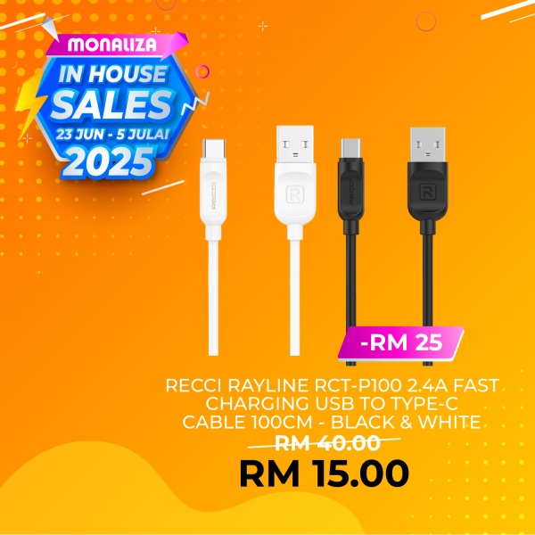 Recci Rayline RCT-P100 2.4A Fast Charging USB To Type-C Cable 100cm - Black/White