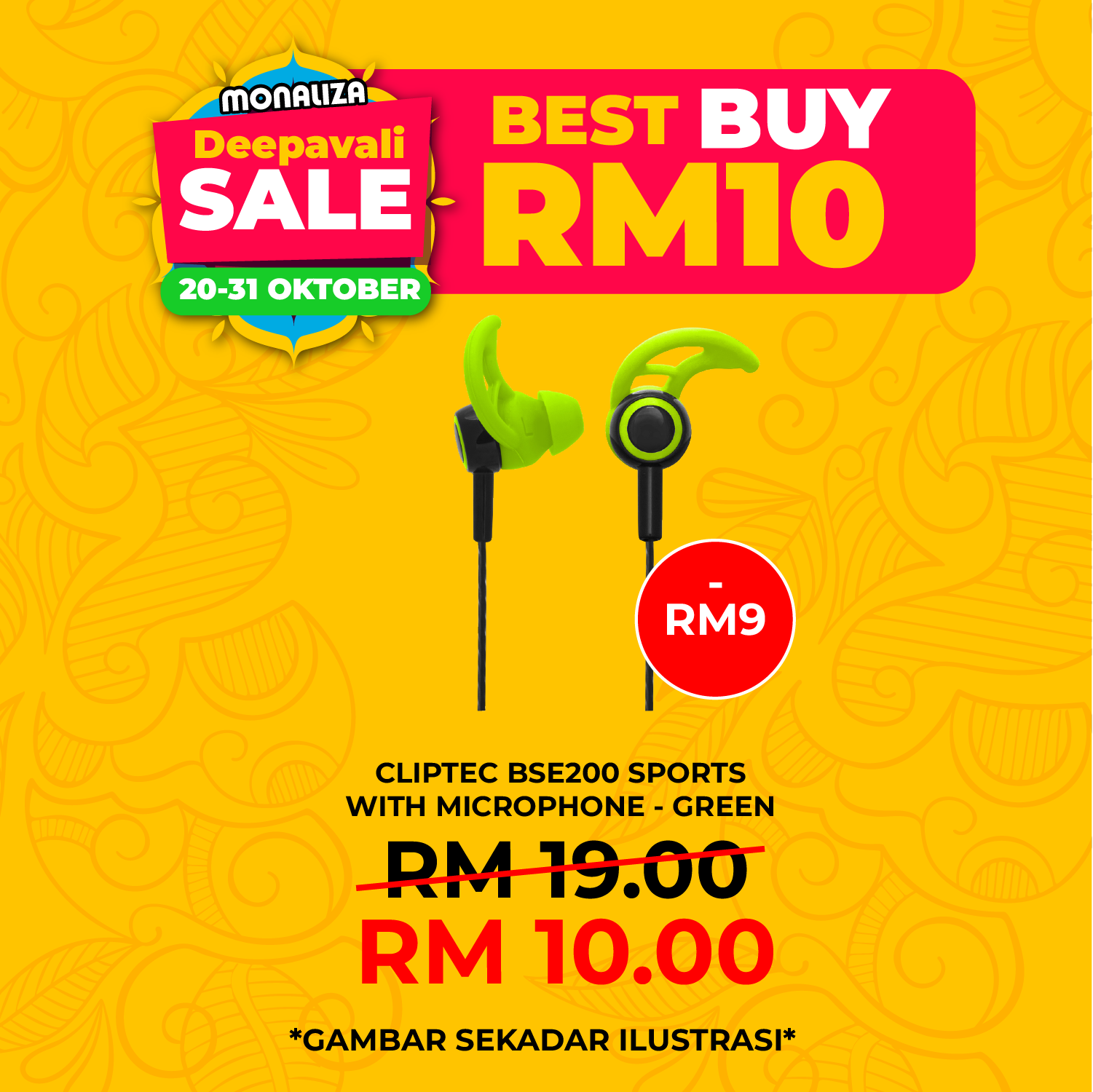 Cliptec BSE200 Sports Secure Fit Earphone With Microphone - Green