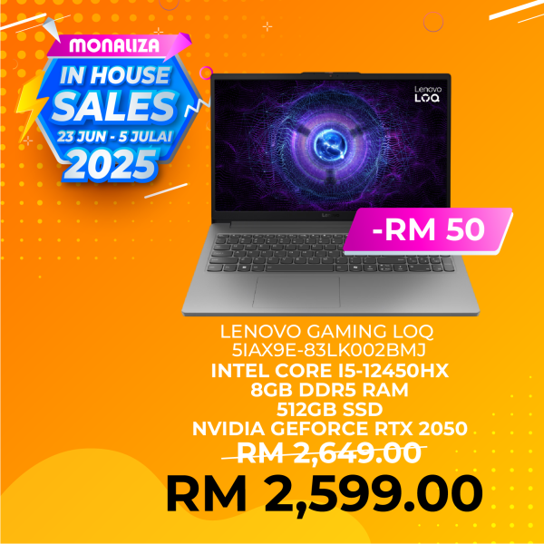 Lenovo LOQ Gaming Laptop (15IAX9E-83LK002BMJ) INTEL CORE I5 12450HX NVIDIA GEFORCE RTX 2050