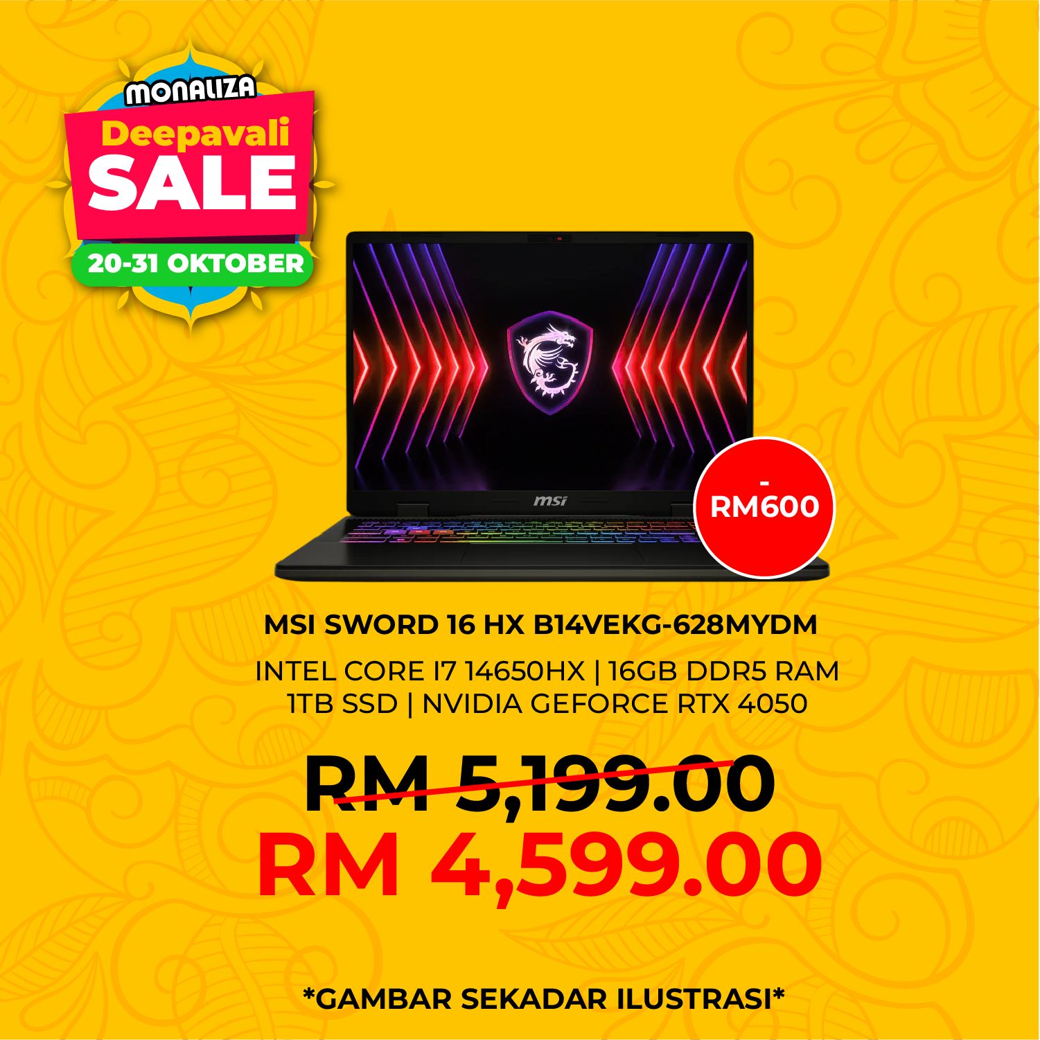 MSI Sword 16 HX Gaming Laptop (B14VEKG-628MYDM) Intel Core I7-14650HX | Nvidia Geforce RTX 4050