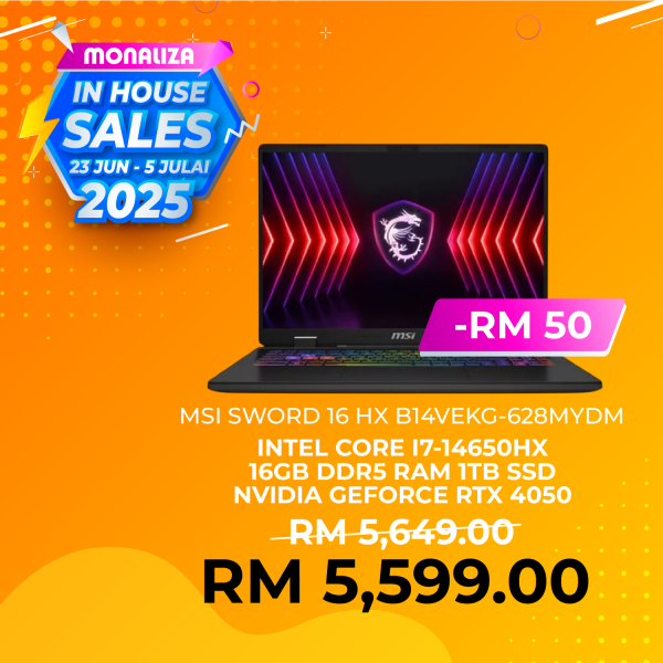MSI SWORD 16 HX Gaming Laptop (B14VEKG-628MYDM) INTEL CORE I7-14650HX NVIDIA GEFORCE RTX 4050