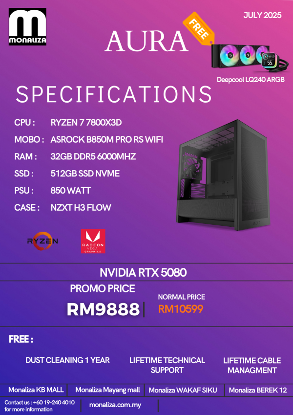 AURA PC PACKAGE (Ryzen 7 7800X3D | NVIDIA RTX 5080 | 32GB RAM | 512GB SSD)