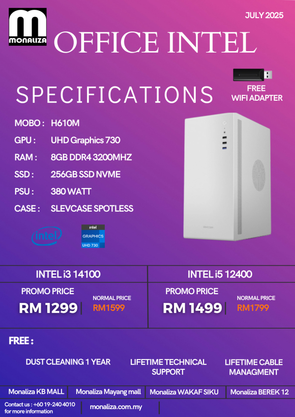 OFFICE INTEL PACKAGE Intel (Intel i3 14100 / i5 12400 | UHD Graphics 730 | 8GB RAM | 256GB SSD)