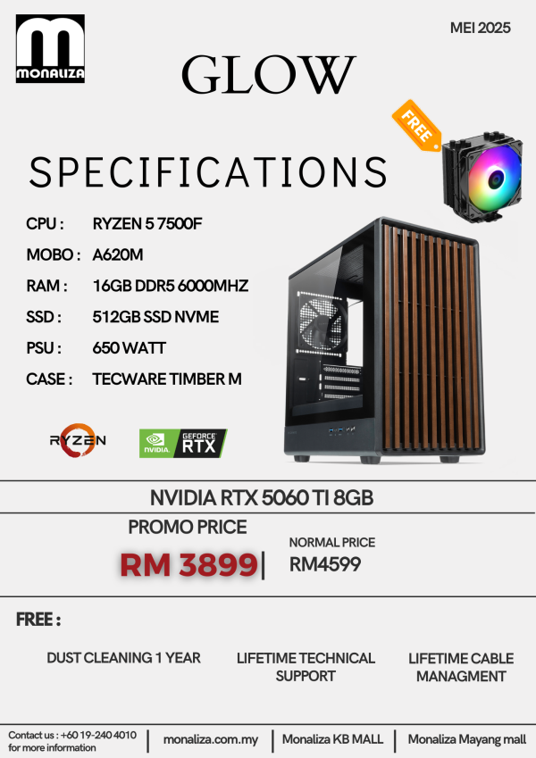 AMD PC PACKAGE GLOW (AMD RYZEN 5 | NVIDIA GEFORCE RTX 5060TI 8GB | 16GB RAM | 512GB SSD)