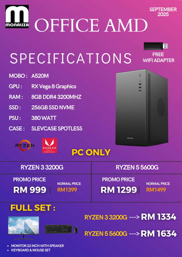 OFFICE AMD PACKAGE (Ryzen 3 3200G / Ryzen 5 5600G | RX Vega 8 Graphics | 8GB RAM | 256GB SSD)
