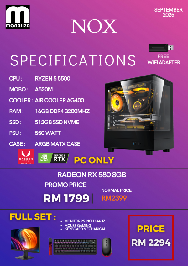 NOX PACKAGE AMD Ryzen 5 5500 | Radeon RX580 8GB / NVIDIA RTX 3050 | 16GB RAM | 512GB SSD