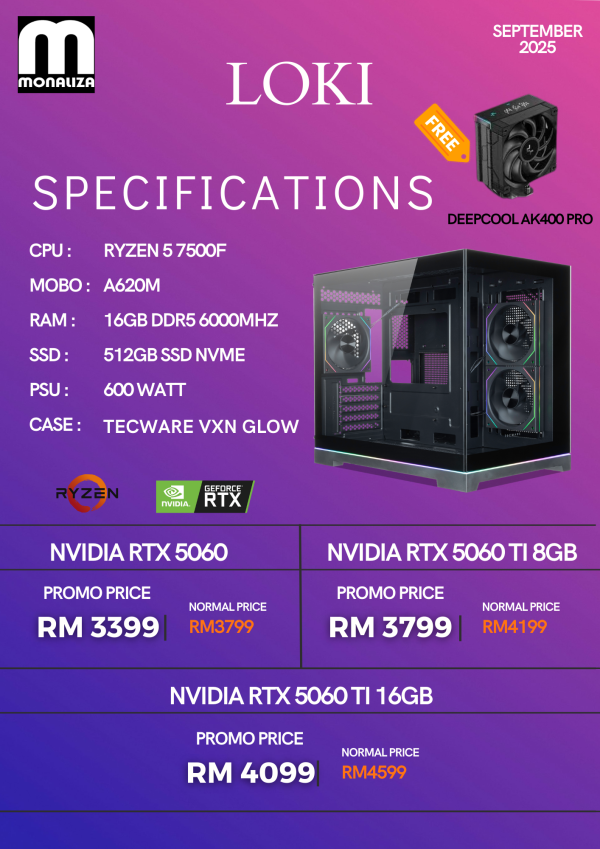 LOKI PACKAGE AMD Ryzen 5 7500F | NVIDIA RTX 5060 / RTX 5060 Ti 8GB | 16GB RAM | 512GB SSD