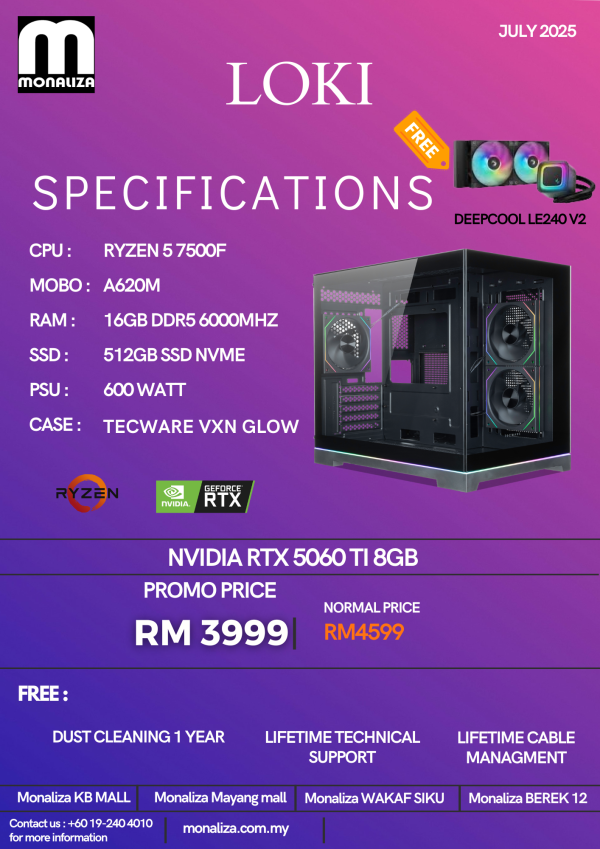 LOKI PC PACKAGE (Ryzen 5 7500F | NVIDIA RTX 5060 Ti 8GB | 16GB RAM | 512GB SSD)