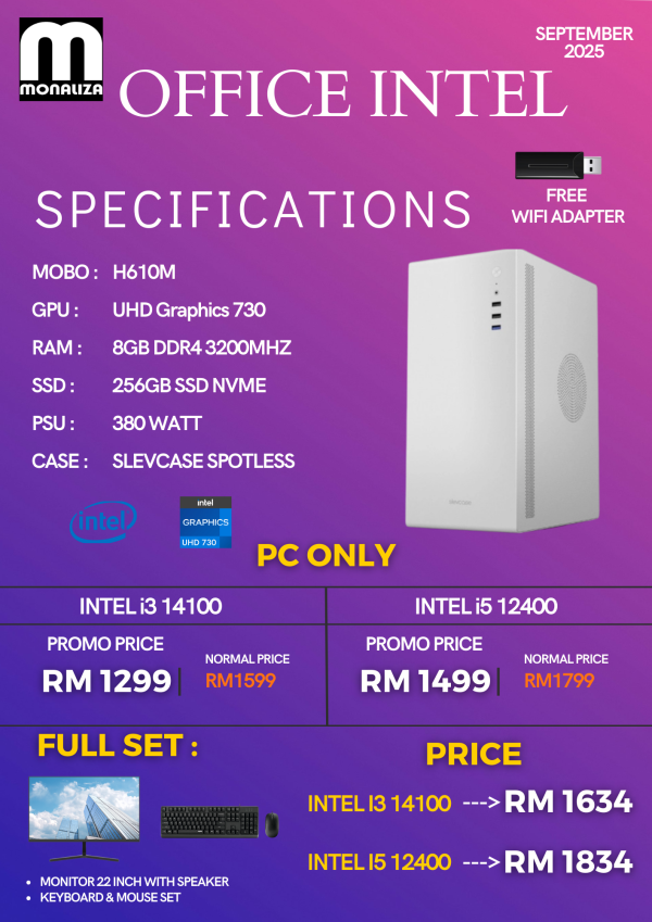 OFFICE INTEL PACKAGE Intel (i3 14100 / i5 12400 | UHD Graphics 730 | 8GB RAM | 256GB SSD)