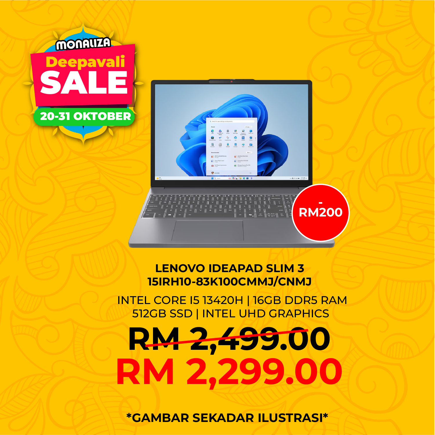 Lenovo Laptop IdeaPad Slim 3 Laptop (15IRH10-83K100CMMJ/83K100CNMJ) Intel Core I5-13420H | Integrated Intel® UHD Graphics