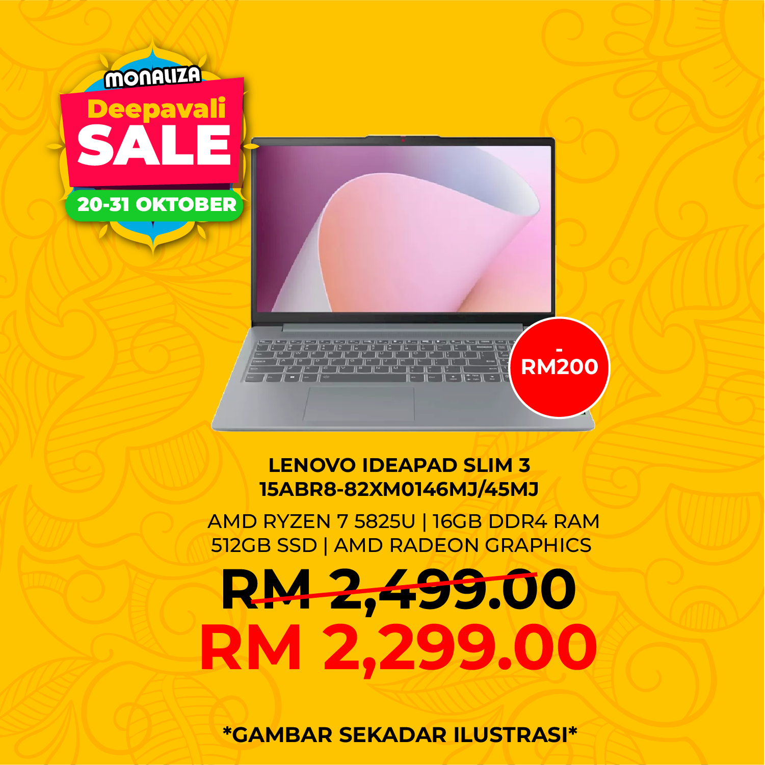 Lenovo IdeaPad Slim 3 Laptop (15ABR8-82XM0146MJ/82XM0145MJ) AMD Ryzen 7 5825U | Integrated AMD Radeon Graphics