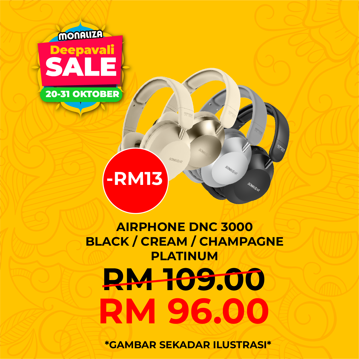 SonicGear Airphone DNC 3000 Wireless Headphones – Black / Cream / Platinum / Champagne