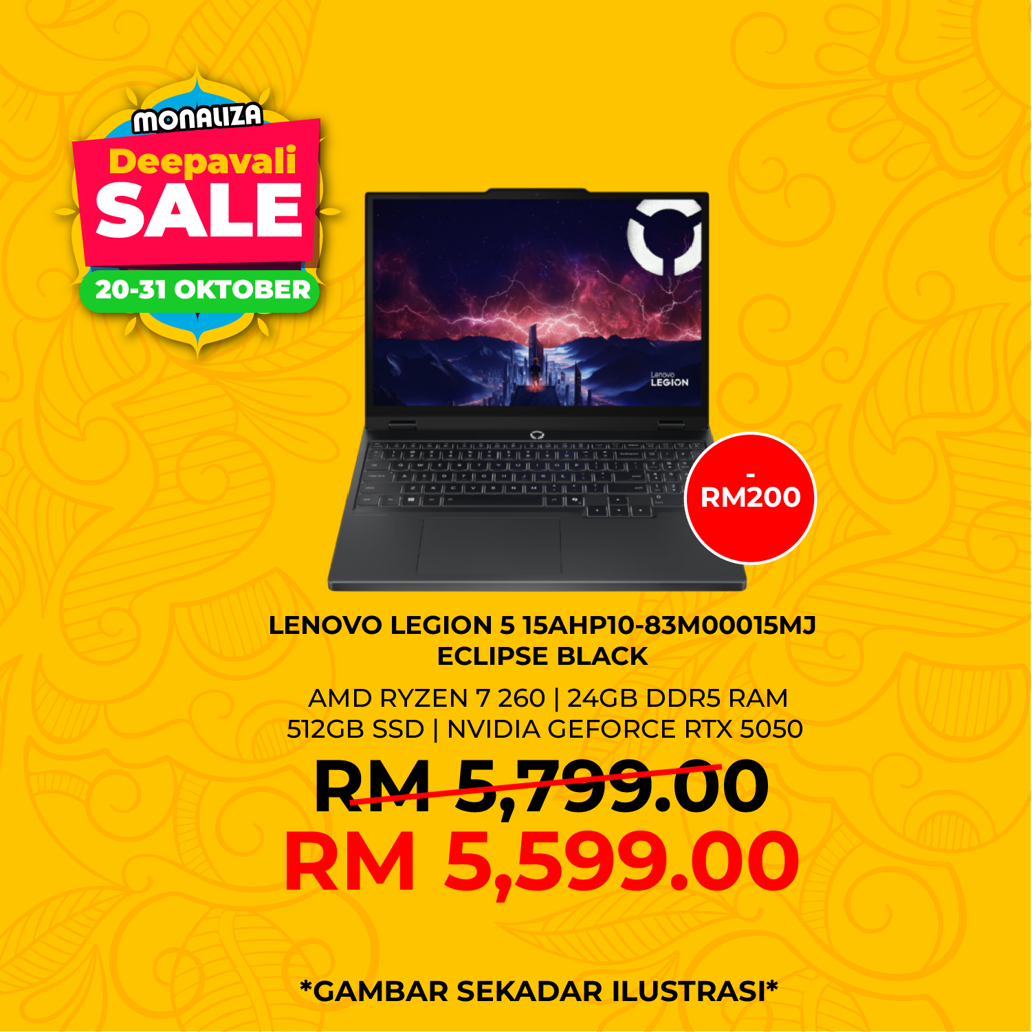 Lenovo Legion 5 Gaming Laptop (15AHP10-83M00015M) AMD Ryzen 7 260 | Nvidia Geforce RTX 5050